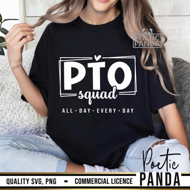 May include: Black t-shirt with white text that reads "PTO squad ALL DAY EVERY DAY".