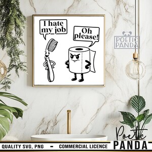Puede incluir: Una impresi&oacute;n de dibujos animados en blanco y negro enmarcada en un marco dorado. La impresi&oacute;n muestra un cepillo de dientes que dice "I hate my job" y un rollo de papel higi&eacute;nico que responde "Oh please!". La impresi&oacute;n se muestra en un ba&ntilde;o.