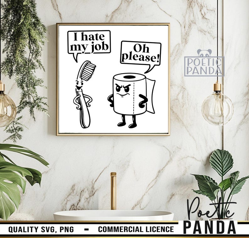 Puede incluir: Una impresi&oacute;n de dibujos animados en blanco y negro enmarcada en un marco dorado. La impresi&oacute;n muestra un cepillo de dientes que dice "I hate my job" y un rollo de papel higi&eacute;nico que responde "Oh please!". La impresi&oacute;n se muestra en un ba&ntilde;o.