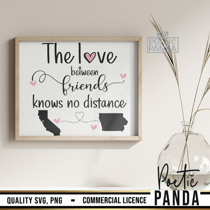 May include: A printable design for a sign that reads "The love between friends knows no distance". The design features two states, a heart, and a dotted line connecting the states.