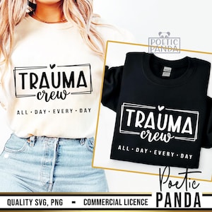 May include: Two long-sleeved shirts, one cream and one black, each with the text "TRAUMA crew" inside a rectangular frame, with "ALL DAY EVERY DAY" below. The cream shirt is being worn, and the black shirt is displayed on a white background.