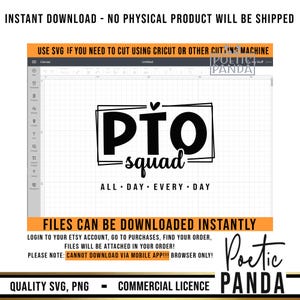 May include: A digital design featuring the text "PTO squad" in black with a heart above the "O". The text is surrounded by a black square frame. Below the text is the phrase "ALL DAY EVERY DAY". The design is displayed on a white grid background.