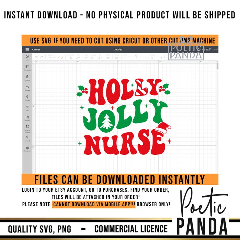 May include: A digital design with the words "HOLLY JOLLY NURSE" in red and green, with a Christmas theme. The design includes a Christmas tree, holly berries, and a Santa hat. The text "INSTANT DOWNLOAD" is at the top.