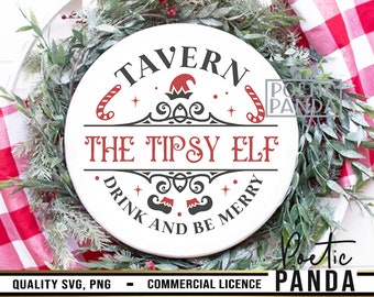 Tipsy Elf Tavern Drink and Be Merry SVG PNG, Divertente cartello natalizio rotondo in formato Svg, vino di Natale in formato Svg, alcol in formato Svg, appendiabiti per porta di Natale in formato Svg