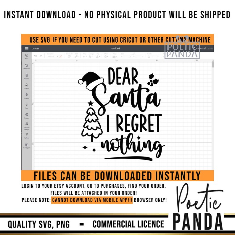 Pu&ograve; includere: Design digitale in bianco e nero con la scritta "DEAR Santa I REGRET nothing", un cappello di Babbo Natale, un albero di Natale e agrifoglio. Disponibile per il download immediato nei formati SVG e PNG. Design di Poetic Panda.