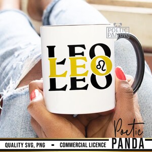 May include: White ceramic mug with a black rim and handle. The mug features the word "LEO" repeated three times in black and yellow lettering, with a yellow Leo zodiac symbol in the center.