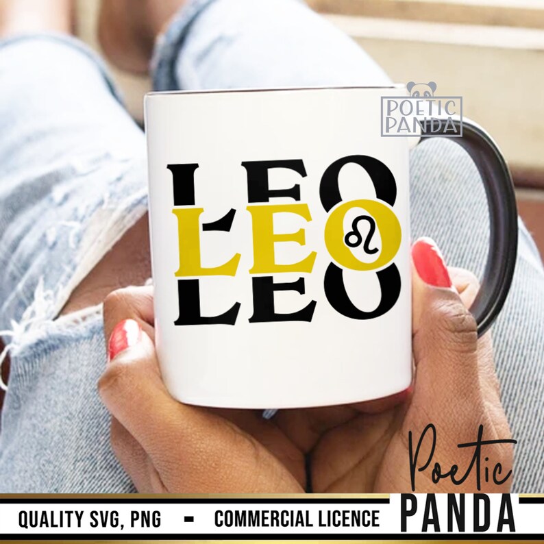 May include: White ceramic mug with a black rim and handle. The mug features the word "LEO" repeated three times in black and yellow lettering, with a yellow Leo zodiac symbol in the center.