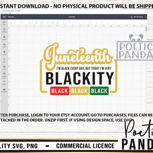 May include: A digital design featuring the text "Juneteenth" in gold with a yellow background. Below the text is "I'm Black Every Day, But Today I'm Very Blackity" in black text with a red border. Three black squares with the word "Black" in white text are below the text. The design is on a white background with a grid pattern.