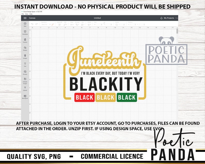 May include: A digital design featuring the text "Juneteenth" in gold with a yellow background. Below the text is "I'm Black Every Day, But Today I'm Very Blackity" in black text with a red border. Three black squares with the word "Black" in white text are below the text. The design is on a white background with a grid pattern.