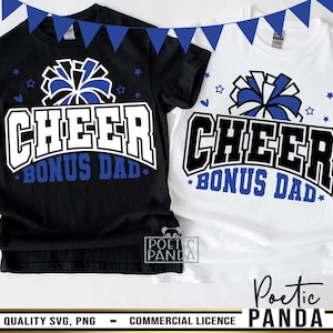May include: Two black and white t-shirts with blue and white pom-poms and the text "Cheer Bonus Dad" printed on them.