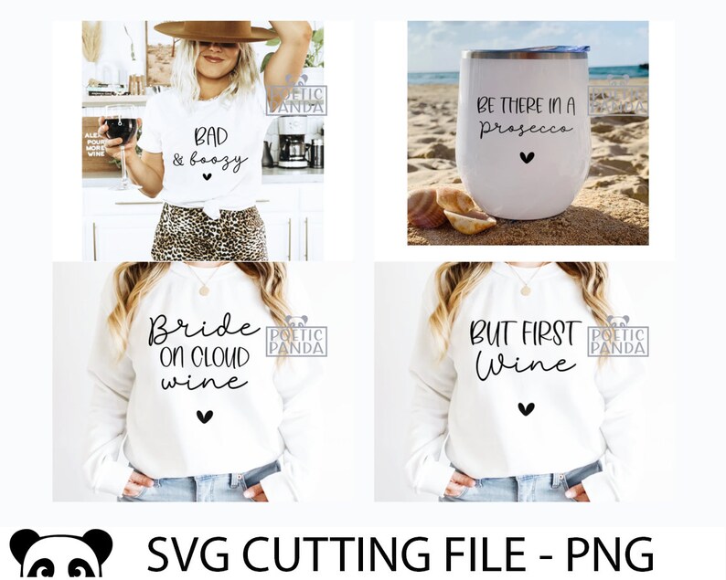 Op de afbeelding: Vier witte T-shirts met verschillende wijn-gerelateerde zinnen erop gedrukt. De zinnen zijn "Bad & Boozy", "Bride on Cloud Wine", "But First Wine", en "Be There in a Prosecco".