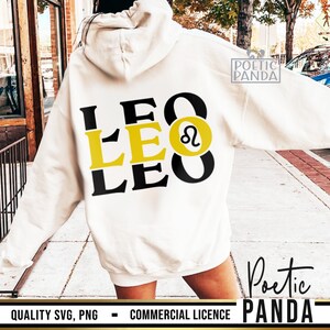 May include: White hoodie with a black and yellow design that says "LEO" three times with a yellow astrological symbol for Leo in the middle.