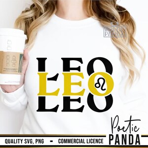May include: A white t-shirt with the word "LEO" written in black and gold letters, with a gold circle containing the astrological symbol for Leo. The text "Poetic Panda" is written in black and white at the bottom of the shirt.