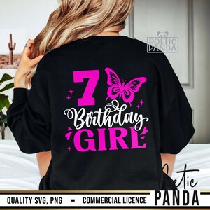K&ouml;nnte beinhalten: Schwarzes Sweatshirt mit einem rosa Schmetterling und dem Text "7th Birthday Girl" in rosa.