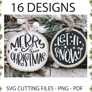 May include: Two round wood ornaments with black lettering. One ornament says "Merry Christmas" with a candy cane design. The other ornament says "Let it snow" with a snowflake design.