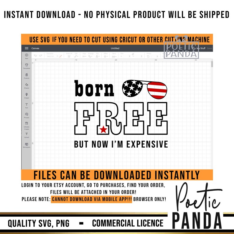 May include: A digital design featuring the text "born FREE but now I'm expensive" in black with a red star and sunglasses with red and white stripes. The design is suitable for use with a cutting machine.