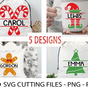 5 Christmas Split Monogram SVG PNG, Custom Christmas Bag SVG, gepersonaliseerde cadeau SVG, Split Monogram Cricut SVG, Split Candy Cane SVG
