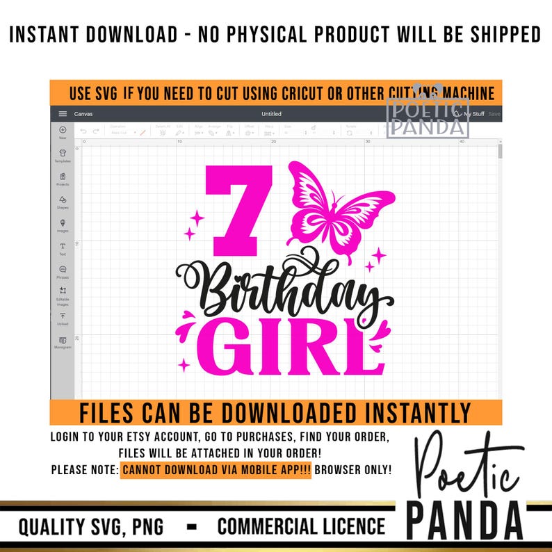 K&ouml;nnte beinhalten: Ein digitales Design in Pink und Schwarz mit der Zahl 7, den Worten "Birthday Girl" und einem Schmetterling. Das Design befindet sich auf einem wei&szlig;en Gitterhintergrund.