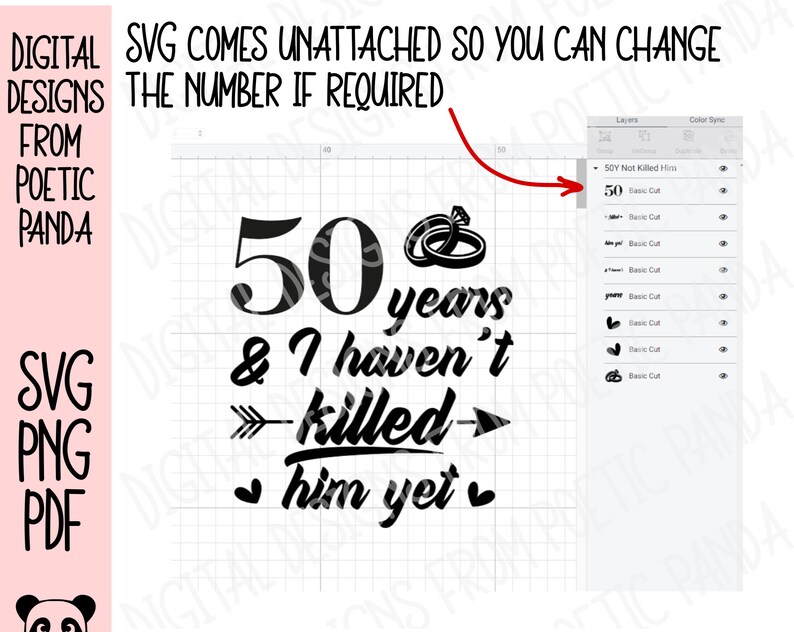 May include: Black and white graphic design with the text "50 years & I haven't killed him yet" with an arrow pointing to the right. The number 50 is large and bold. There are two wedding rings above the number 50.