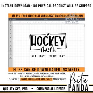 Puede incluir: Un dise&ntilde;o digital con el texto "HOCKEY -mom ALL DAY EVERY DAY" en texto negro sobre fondo blanco. El dise&ntilde;o est&aacute; enmarcado con un borde negro. El texto "POETIC PANDA" es visible en la esquina superior derecha de la imagen.