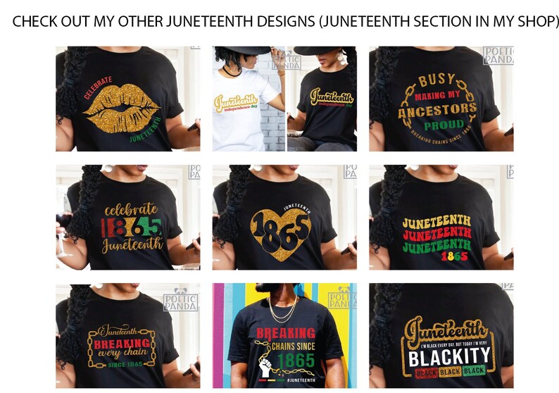 May include: A collage of nine t-shirt designs featuring various Juneteenth slogans and graphics. The designs include gold glitter accents, red, black, and green colors, and phrases like "Celebrate 1865 Juneteenth", "Breaking Chains Since 1865", and "Juneteenth Blackity".