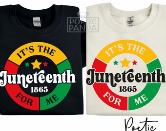 May include: Two t-shirt designs featuring a circle with the text "It's the Juneteenth 1865 for me" in a red, yellow, green, and black color scheme. The text is in a retro font style. The designs are on a black and a white t-shirt.