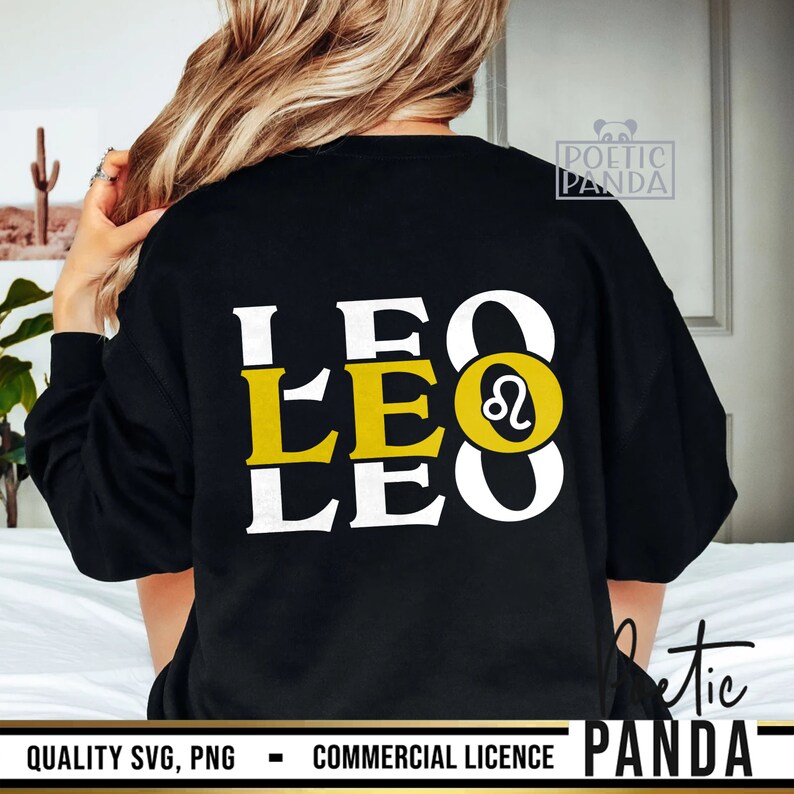 May include: Black sweatshirt with a white and gold design that says "LEO" three times with the Leo zodiac symbol in the middle. The design is on the back of the sweatshirt.
