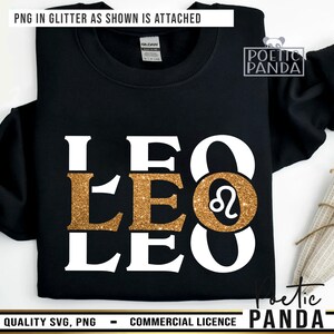 May include: Black sweatshirt with a gold glitter design that says "LEO" three times with the Leo zodiac symbol in the middle. The design is on a black sweatshirt.
