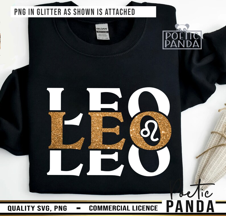 May include: Black sweatshirt with a gold glitter design that says "LEO" three times with the Leo zodiac symbol in the middle. The design is on a black sweatshirt.