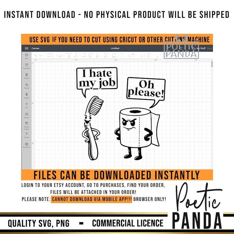 Puede incluir: Dise&ntilde;o digital en blanco y negro con un cepillo de dientes y un rollo de papel higi&eacute;nico con bocadillos. El cepillo de dientes dice "I hate my job", y el papel higi&eacute;nico responde "Oh please!" Archivos SVG y PNG.