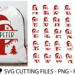 Noël Split monogramme SVG PNG, fichier svg de sac de Noël personnalisé pour Cricut, alphabet divisé, alphabet de Noël svg, svg cadeau personnalisé