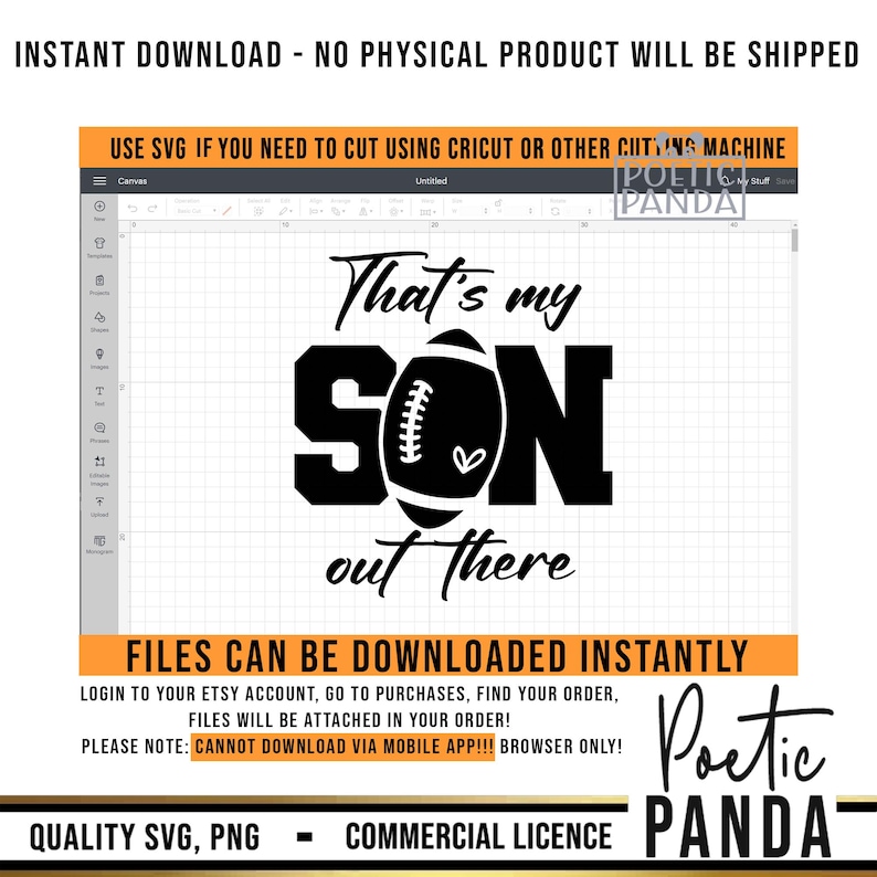 May include: Black and white design for a digital download of a football-themed graphic that says "That's my son out there".