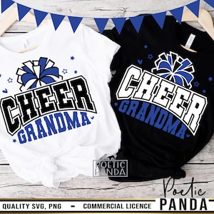 May include: Two white t-shirts with blue and black text that reads "Cheer Grandma" and a blue and white pom-pom graphic.