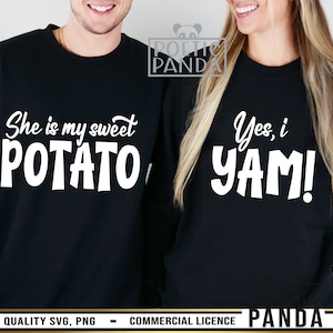 May include: Black sweatshirts with white text. One says "She is my sweet POTATO," and the other says "Yes, i YAM!" The image includes the Poetic Panda logo and text that reads "QUALITY SVG, PNG - COMMERCIAL LICENCE PANDA."