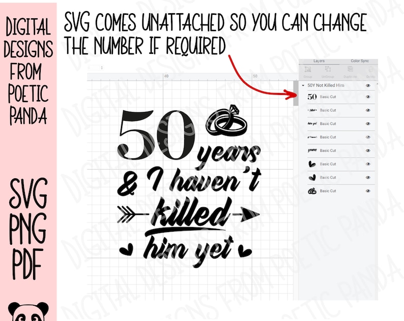 May include: Black and white graphic design with the text "50 years & I haven't killed him yet" with a heart on either side of the text. The number 50 is in a large font and the rest of the text is in a smaller font. There are two wedding rings above the number 50.