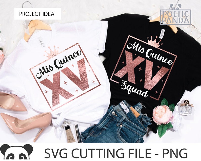 May include: Two white t-shirts with a rose gold design that says "Mis Quince XV" and "Mis Quince XV Squad".