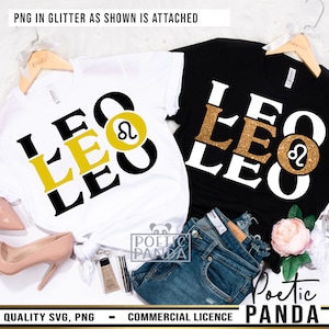 May include: Two t-shirts with the word "LEO" printed in black and gold glitter. The word "LEO" is repeated multiple times on each shirt. The shirts are on hangers and are displayed on a white background. The text "POETIC PANDA" is visible on the bottom of the image.
