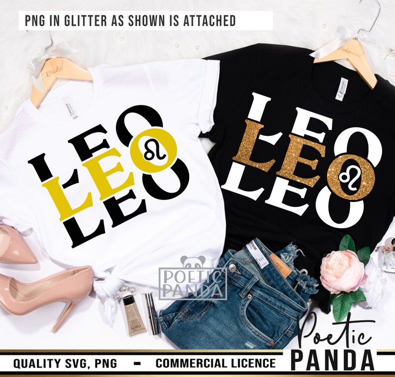 May include: Two t-shirts with the word "LEO" printed in black and gold glitter. The word "LEO" is repeated multiple times on each shirt. The shirts are on hangers and are displayed on a white background. The text "POETIC PANDA" is visible on the bottom of the image.