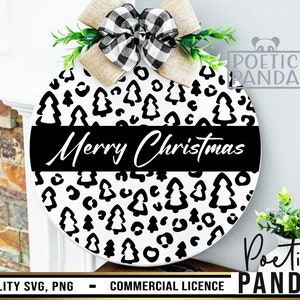 Merry Christmas Sign SVG PNG, Christmas Round Porch Sign Svg, Door Hanger For Christmas Svg, Christmas Ornament Svg, Leopard Svg