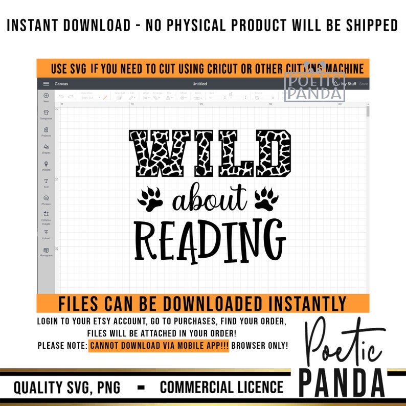 Puede incluir: Gr&aacute;fico de descarga digital con el texto "WILD about READING" en negro. La palabra "WILD" tiene un patr&oacute;n de estampado de jirafa. La imagen incluye instrucciones para usar con m&aacute;quinas de corte e informaci&oacute;n de descarga.