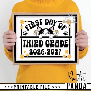 Letrero imprimible para el primer día de tercer grado PNG, Tablero para el primer día de tercer grado, Folleto imprimible para tercer grado, Letrero digital para el primer día de tercer grado, Lindo gato
