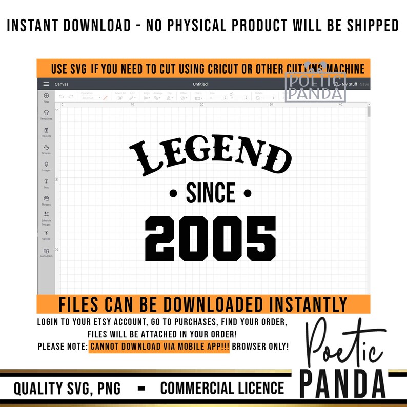 May include: A black and white digital design featuring the text "LEGEND SINCE 2005". The design is displayed on a computer screen with a grid background. The design is for instant download and can be used for cutting machines.