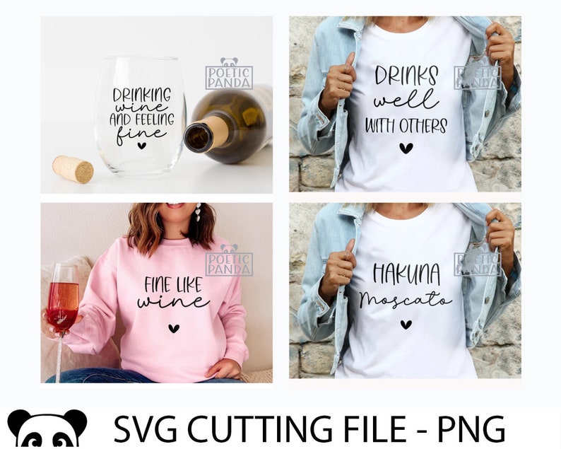 Op de afbeelding: Vier verschillende ontwerpen voor wijn-thema t-shirts en een wijnglas. De ontwerpen omvatten "Wijn drinken en je goed voelen", "Drinkt goed met anderen", "Fijn als wijn" en "Hakuna Moscato".