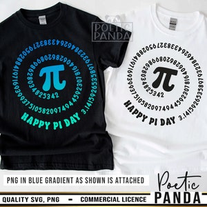 May include: Two t-shirts with a black and blue gradient design featuring the mathematical constant pi surrounded by the digits of pi. The text "Happy Pi Day" is written below the pi symbol.