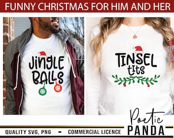 May include: Two white t-shirts with Christmas-themed text. The first shirt says "Jingle Balls" with a red Santa hat and two ornaments. The second shirt says "Tinsel Tits" with a red Santa hat and green leaves.