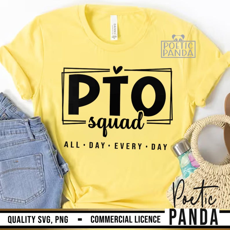 May include: Yellow t-shirt with black text that reads "PTO squad ALL DAY EVERY DAY".