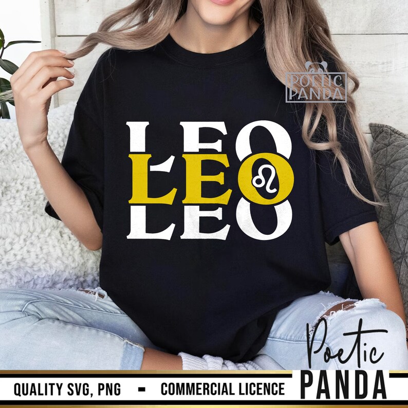 May include: A black t-shirt with the word "LEO" repeated three times in white letters. The middle "LEO" is in yellow and has the astrological symbol for Leo in the center.