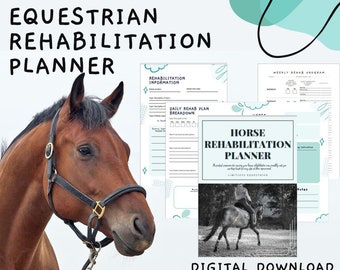 May include: A digital download for a horse rehabilitation planner. The planner includes a weekly rehab program, daily rehab plan breakdown, and rehabilitation information. The cover features a black and white photo of a horse being ridden.