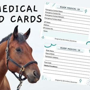 Paardensport medische identiteitskaart afdrukbaar | Paardensport medische armbandkaart | Medische identiteitskaart paardrijden | Eventing, Dressuur, Springen