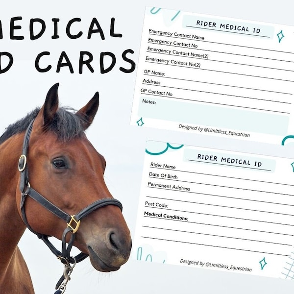 Equestrian Medical ID Card Printable | Equestrian Medical Armband Card | Horse Riding Medical ID Card |  Eventing, Dressage, Show jumping